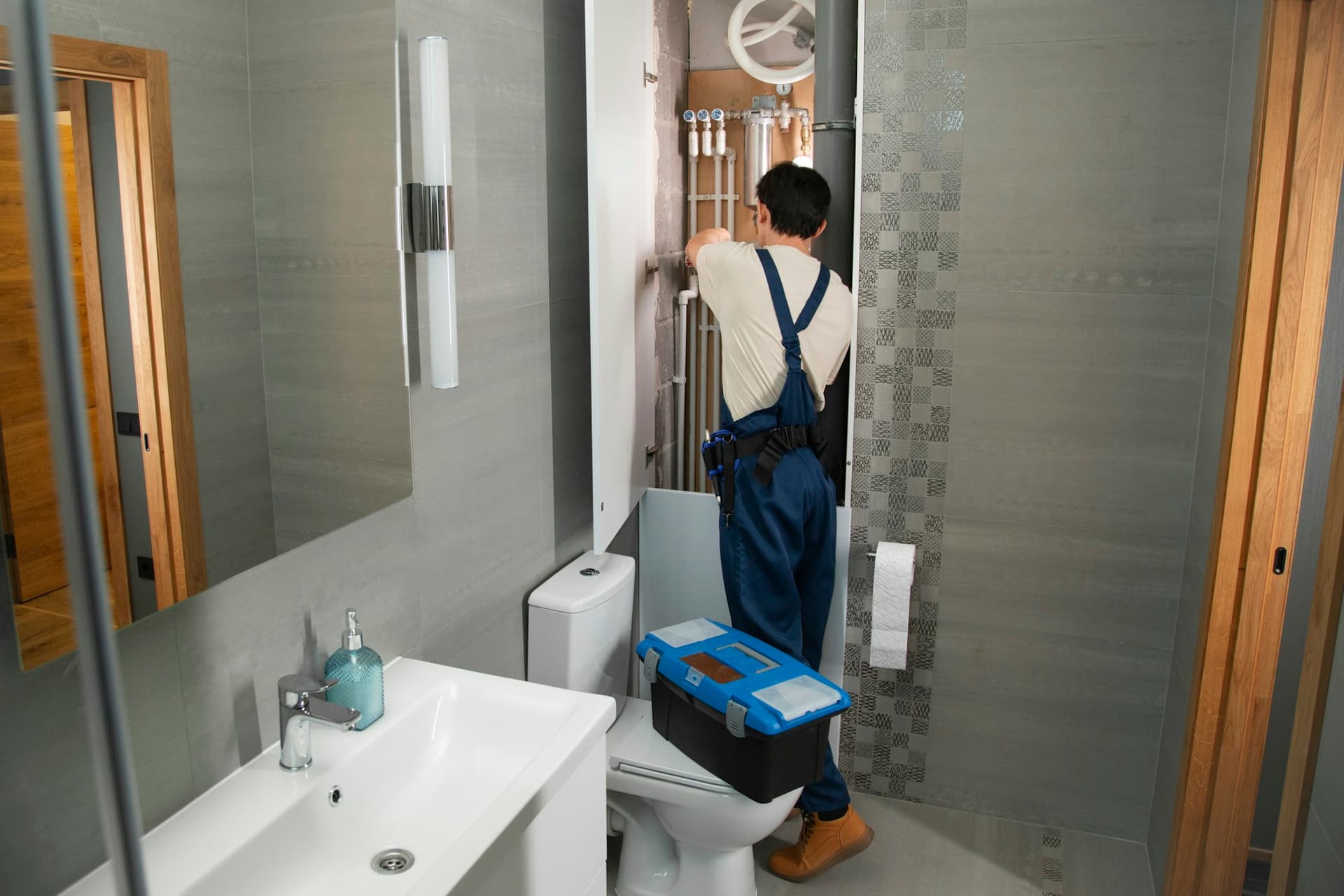 Usta banyo tesisatında çalışıyor